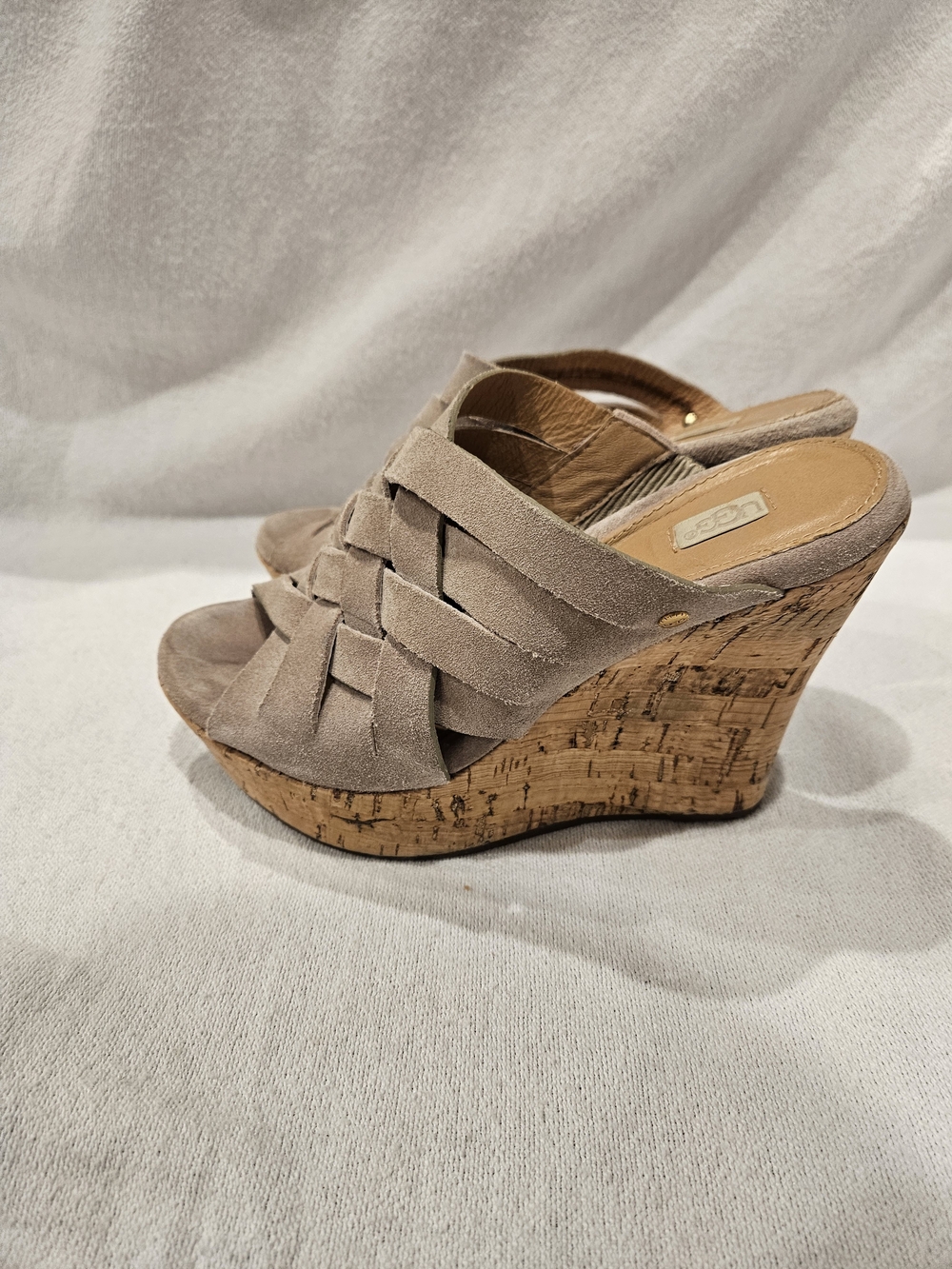UGG Marta Strappy Cork Wedge Slide Chesnut Sandals Size 5 Suede Weave Open Toe